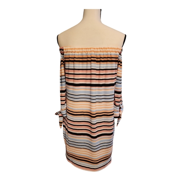 AS YOU WISH Multicolor Striped Off Shoulder Shift Half Sleeve Dress Size S - Picture 2 of 5